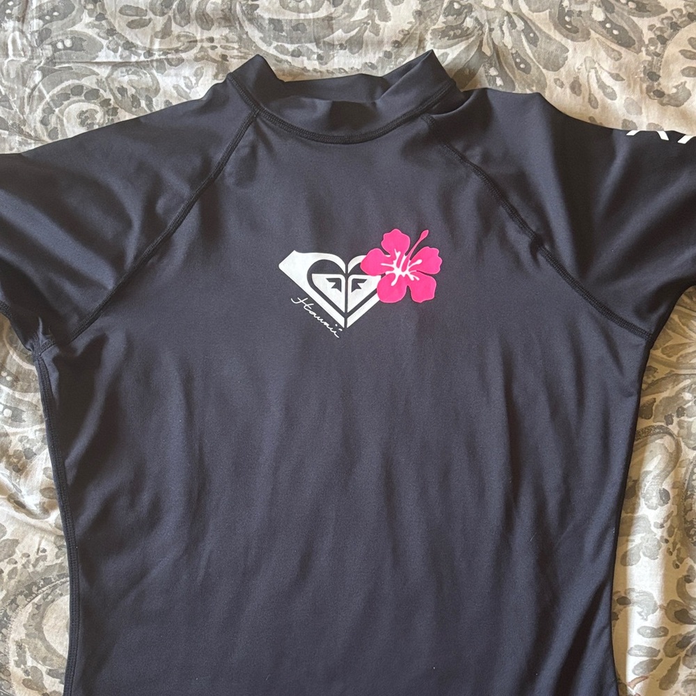 Roxy Black Rash Guard with Pink Floral Accent